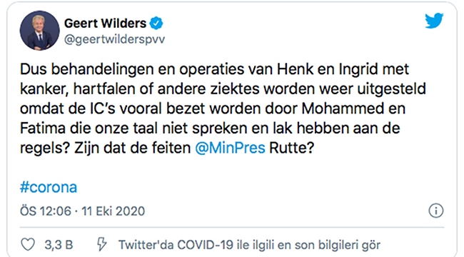 Aşırı sağcı Geert Wilders: "Yoğun bakım üniteleri Muhammed veya Fatmalar tarafından meşgul ediliyor"