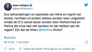 Aşırı sağcı Geert Wilders: "Yoğun bakım üniteleri Muhammed veya Fatmalar tarafından meşgul ediliyor"