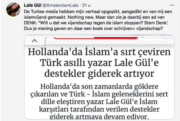 Hollanda'da kaleme aldığı kitabında İslam ve Türk geleneklerini sert dille eleştiren Lale Gül, şimdi de DENK Partisi'nin reklamını eleştirdi