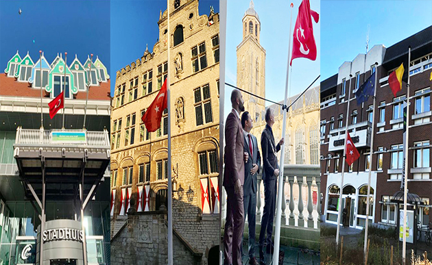 Hollanda'da Türkiye'ye destek için belediye binalarına  Türk bayrakları asılmaya devam ediliyor