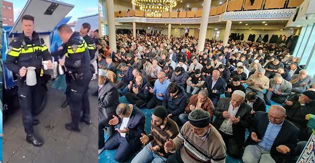 Hollanda polisi, bayram namazını kılan Müslümanlara kahve ve kek ikram etti