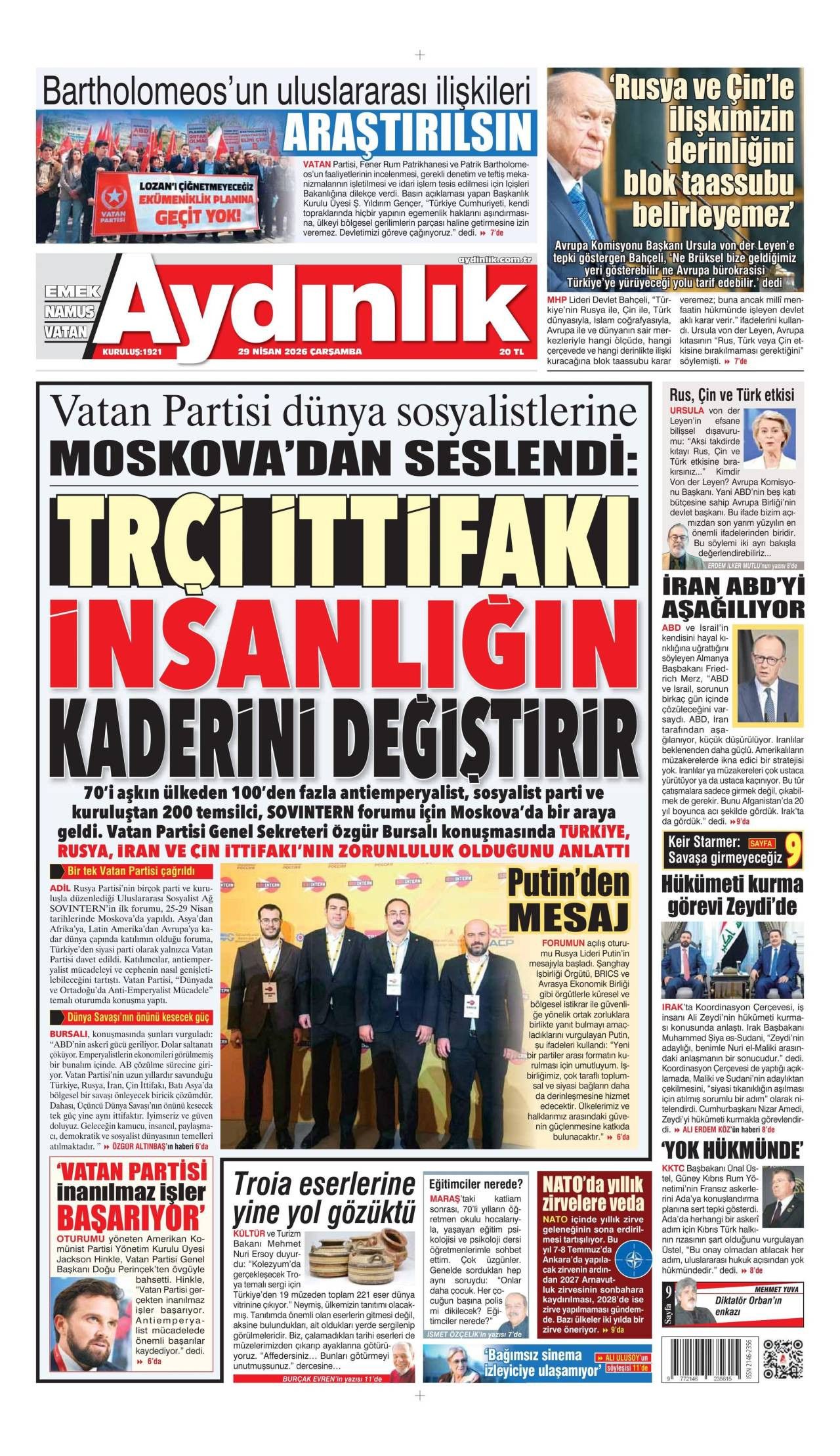 Aydınlık Gazetesi Gazete Manşeti